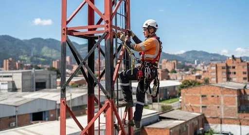 Persona con arnés subiendo la torre de entrenamiento